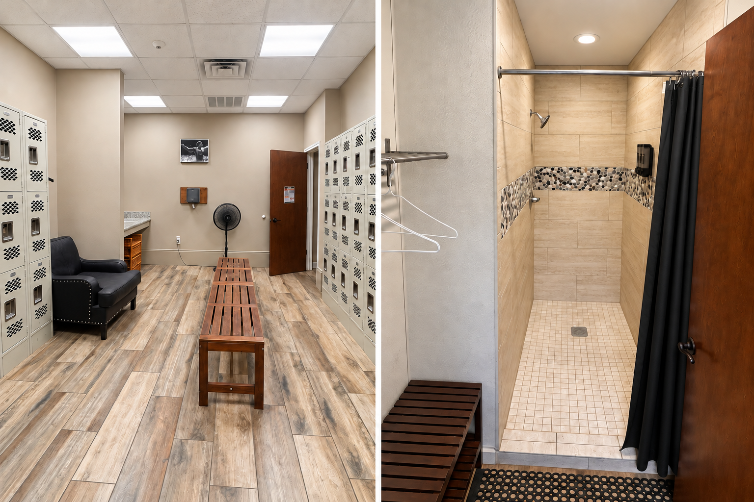 Side-by-side views of BFIT’s locker room with lockers and benches, and its tiled shower accommodation